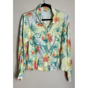 By J.J. Womens XL Jacket Yellow Tropical Floral Palm Print Tencel Button Front